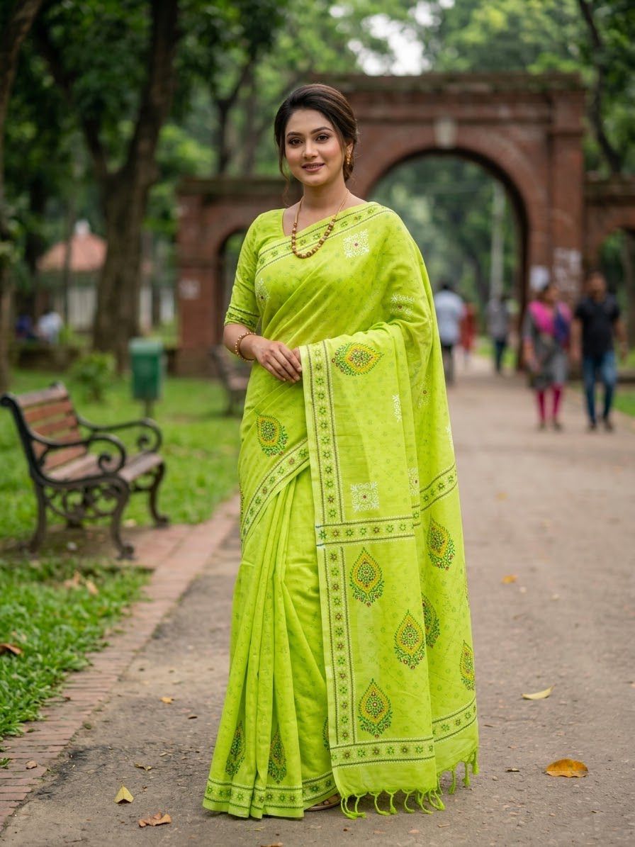 Lime Green Cotton Saree